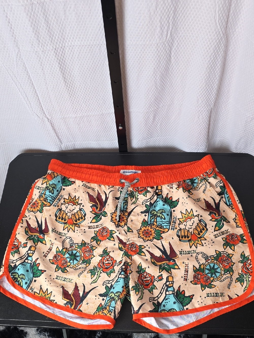 Graphic Print Retro Swim Shorts - Orange Trim Size Xxl